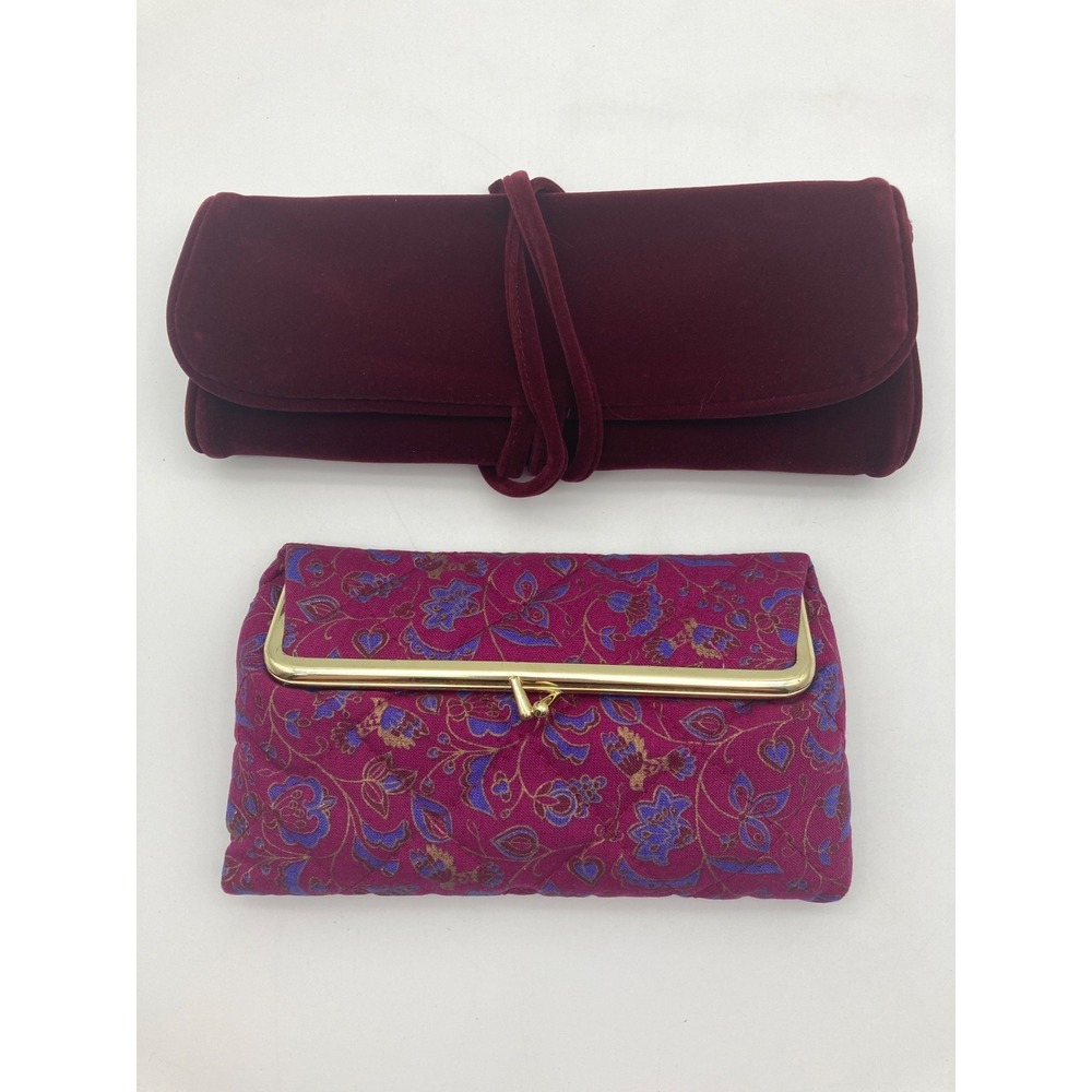 Vintage Avon Jewellery Wrap Makeup Case Set Burgundy Velvet Paisley Mirror